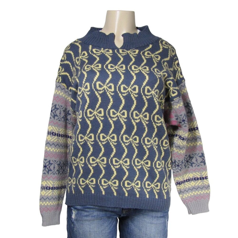 VTG 90s WARM & WONDERFUL Bow Fair Isle Hand Made Wool England Sweater Diana M